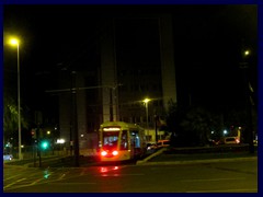 Murcia by night 27 -  Lightrail tram crossing right through Plaza Plaza Juan XXIII, the second largest traffic circle.